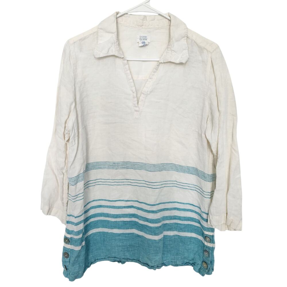 SIGRID OLSEN Linen‎ Tunic Top M Beach Coastal Minimalist Stripes Nautical